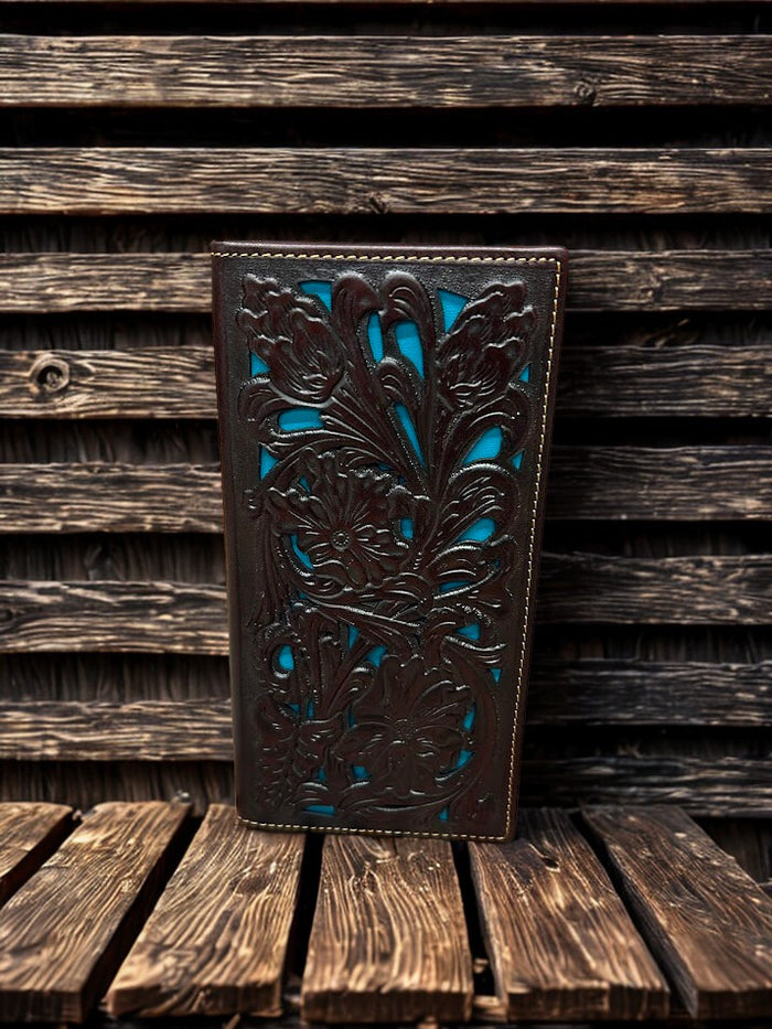 Coffee Brown tooled leather tall wallet with Turquoise inlay. Front View