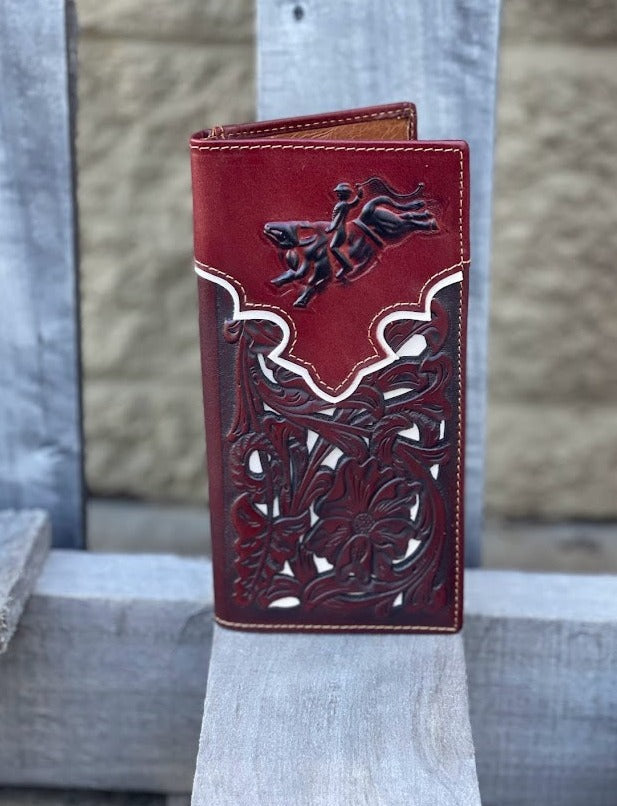 Brown leather tall wallet with embossed  Bull Rider design and a beige inlay. Front View