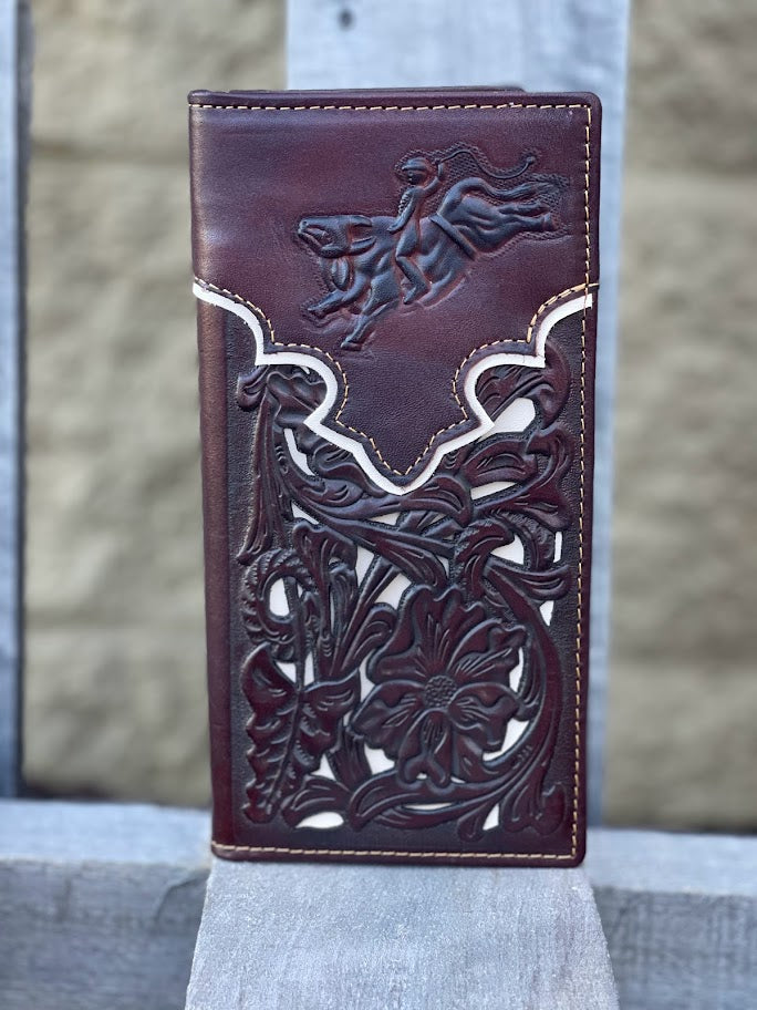 Coffee Brown leather tall wallet with embossed Bull Rider design with a beige inlay. Front View