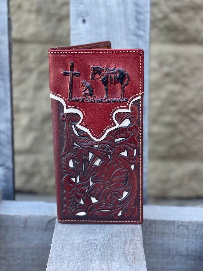 Brown leather tall wallet with a beige inlay featuring a embossed Praying Cowboy design. Front View