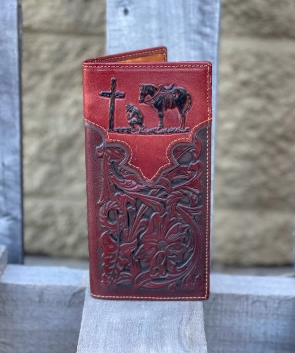 Brown leather tall wallet with a Brown inlay featuring a embossed Praying Cowboy design.  Front View