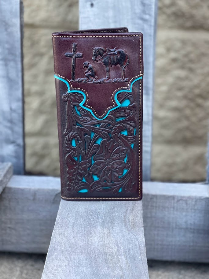 Coffee Brown leather tall wallet with embossed Praying Cowboy design and a Turquoise inlay. Front View