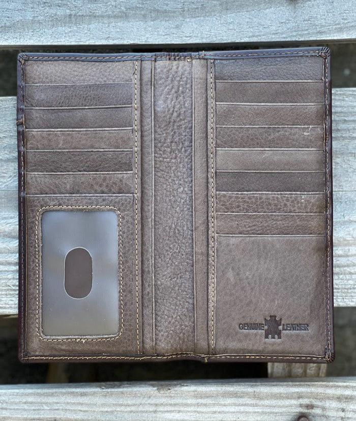 Coffee Brown leather tall wallet with embossed Praying Cowboy design and a Turquoise inlay. Inside view showing multiple card and cash slots.