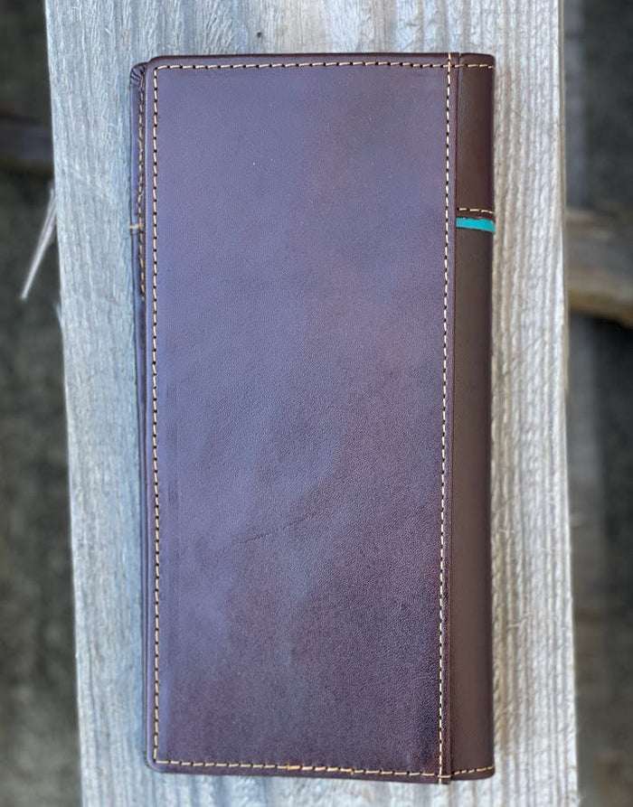 Coffee Brown leather tall wallet with embossed Praying Cowboy design and a Turquoise inlay. Rear view