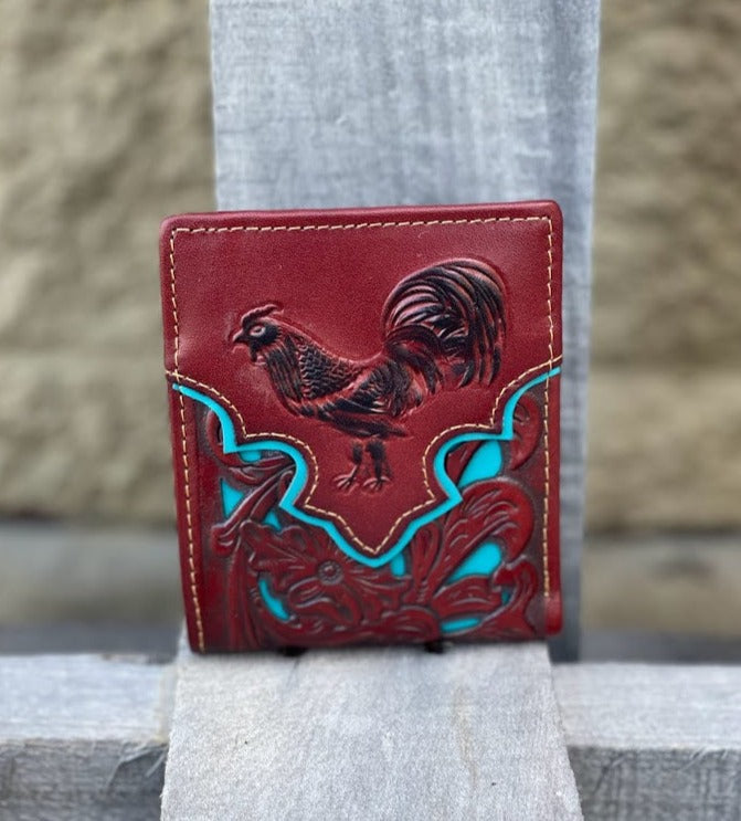 Brown leather bifold wallet with a turquoise inlay and a embossed rooster design on the front. Front View