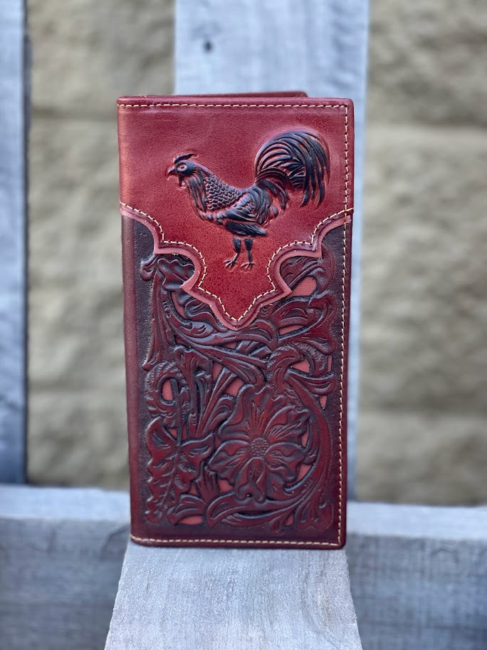 Brown leather tall wallet with a Beige inlay and a Rooster design. Front View
