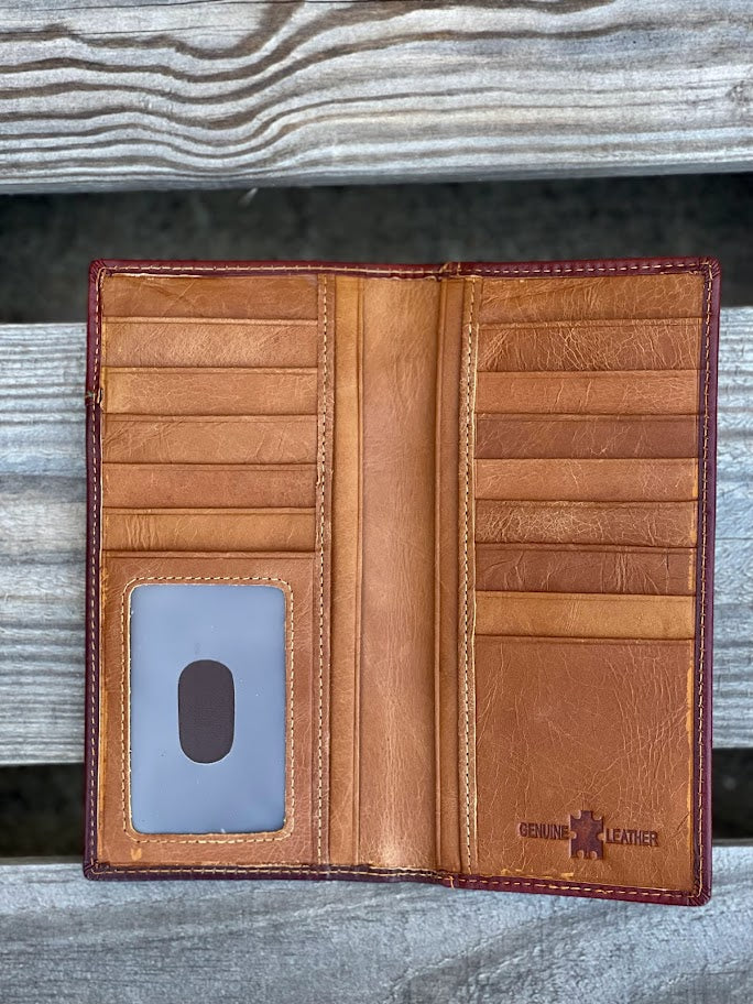 Brown leather tall wallet with a Beige inlay and a Rooster design.  Inside view showing ID window, and multiple card and bill slots.