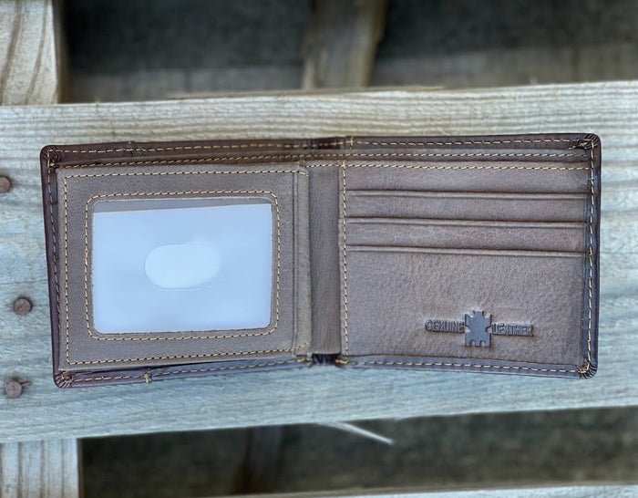 Coffee Brown bifold leather wallet with embossed Rooster design and a brown inlay. Inside view showing multiple card slots and a dual ID window.