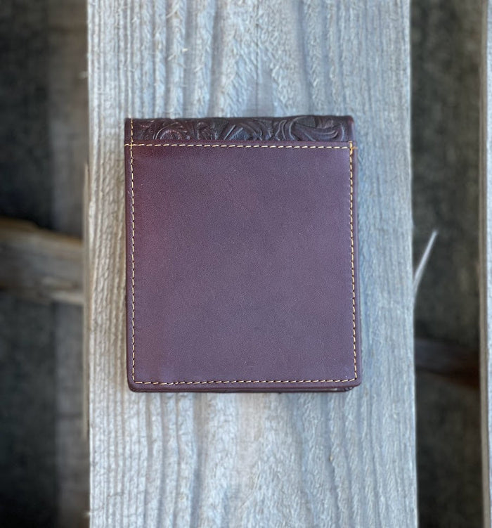 Coffee Brown bifold leather wallet with embossed Rooster design and a brown inlay. Rear View