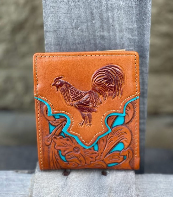 Light brown bifold wallet with a embossed Rooster design and turquoise inlay under tooled leather. Front View