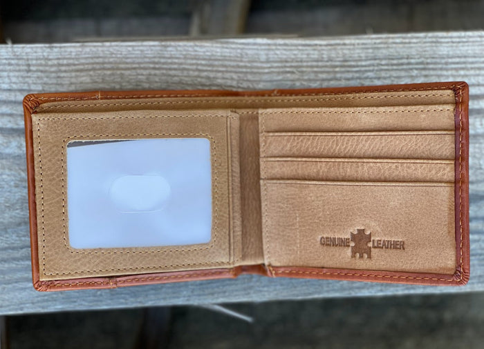 Light brown bifold wallet with a embossed Rooster design and turquoise inlay under tooled leather.  Inside view showing multiple card slots and a dual ID window.