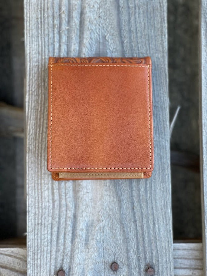 Light brown bifold wallet with a embossed Rooster design and turquoise inlay under tooled leather.  Rear View