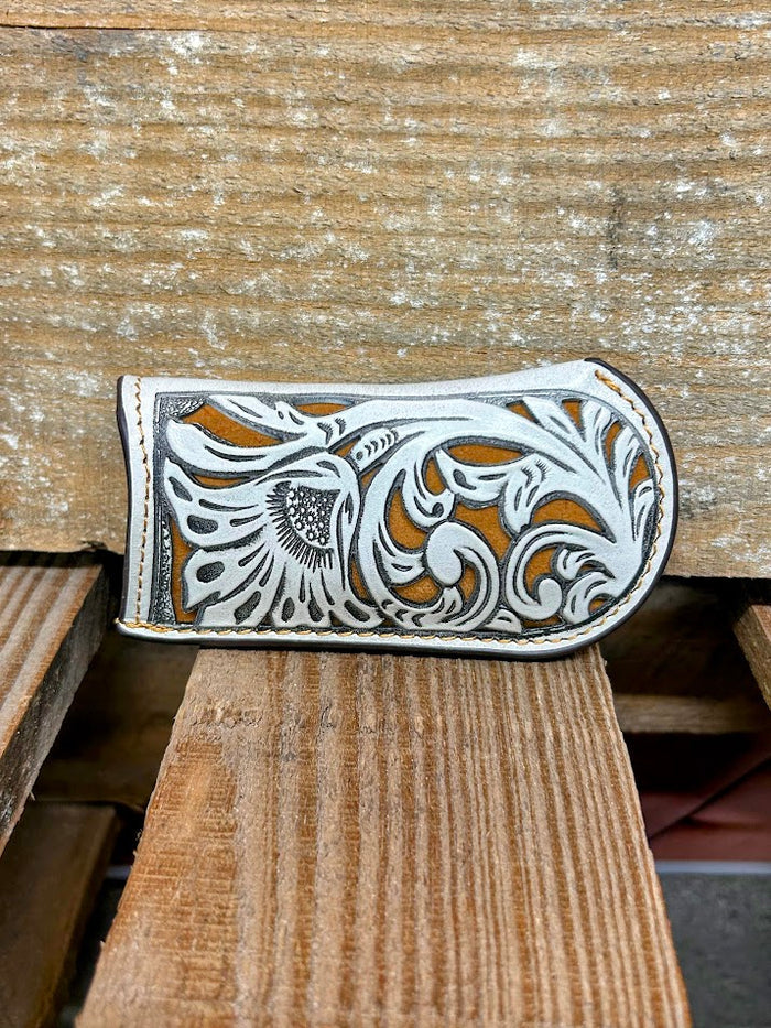 Beige tooled leather knife sheath with a Light Brown inlay. Front View