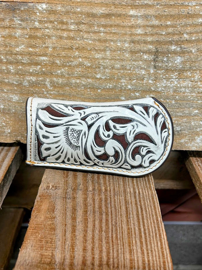 Beige tooled leather knife sheath with a Coffee Brown inlay. Front View