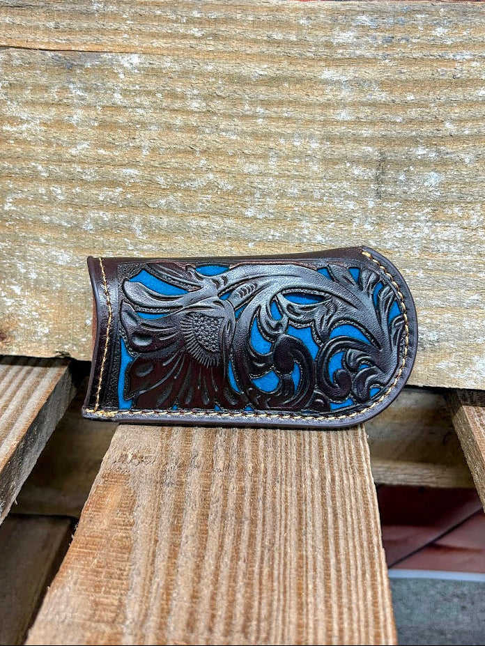 Coffee Brown tooled leather knife sheath with Turquoise inlay.
