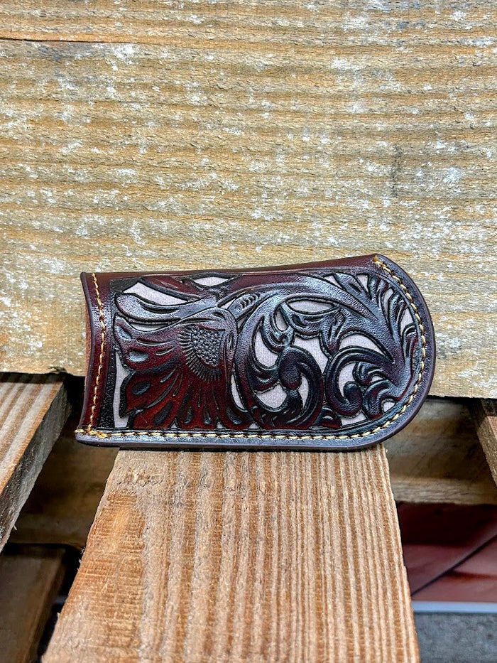 Coffee Brown tooled leather knife sheath with Grey inlay. Front View