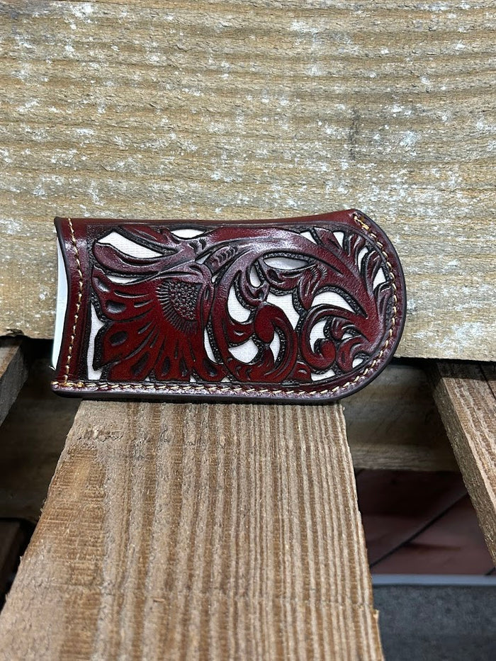 Coffee Brown tooled leather knife sheath with a Beige inlay. Front View