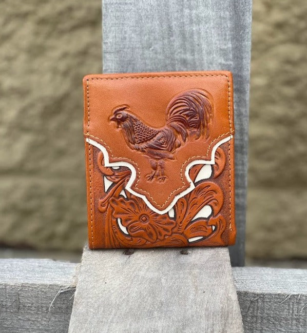 Light Brown bifold leather wallet with embossed Rooster design and a beige inlay. Front View