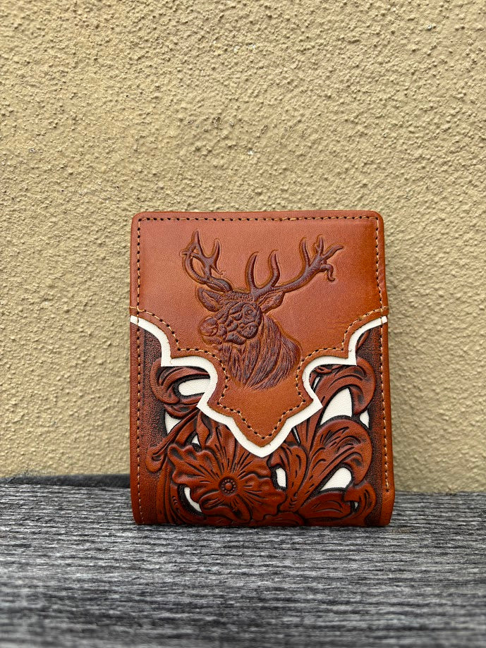 A Light Brown leather bifold wallet with beige inlay design featuring a embossed buck design.  Front View