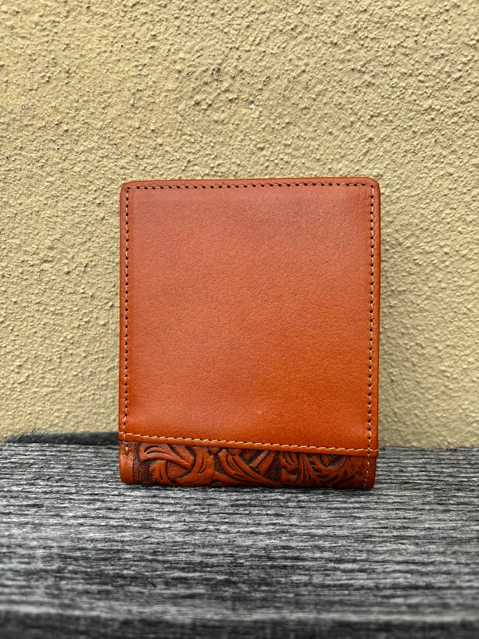 A Light Brown leather bifold wallet with beige inlay design featuring a embossed buck design.  Rear view