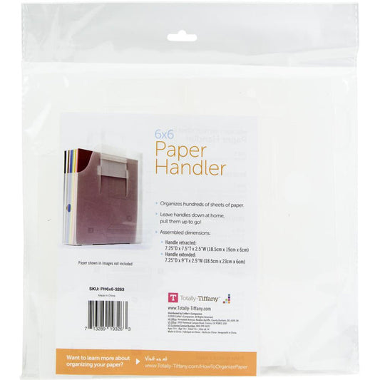 Totally-Tiffany - Paper Handler - 6"x6". The smallest paper handler, this 6x6 version is a cute little powerhouse of organization. Holds hundreds sheets of paper. This package contains one 7.25x7.5x2.5 inch paper handler. Imported. Available at Embellish Away located in Bowmanville Ontario Canada.