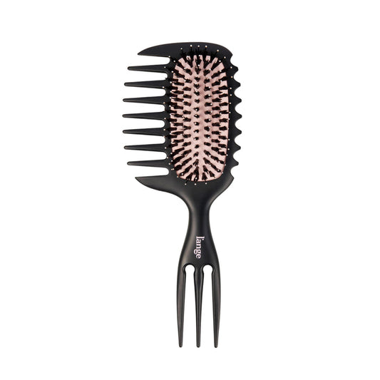 Curved detangling brush with wide-tooth side comb and triple-prong handle on a white background.