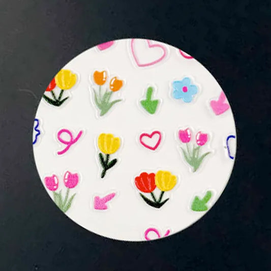 Tulip Garden nail decal sheet with hand drawn tulips, hearts and doodles