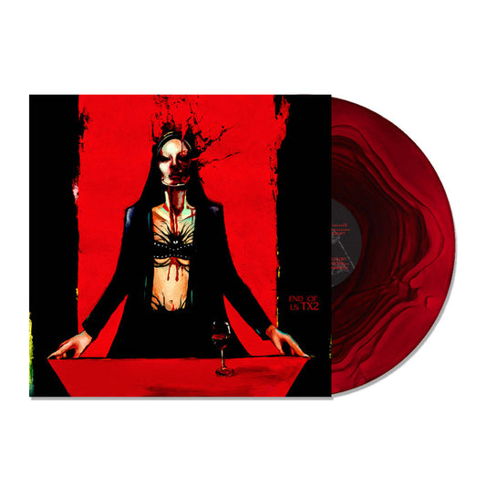 Album cover art from Spotify Fans First: a surreal painted woman in black with a crown and blood-like marks, beside a glass of red wine and a limited edition End Of US LP or TX2 signed vinyl.