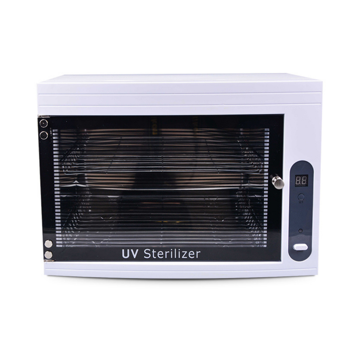 Q002 White UV Sterilizer Cabinet | A Metal UV sterilizer cabinet with glass door and metal shelves inside and digital controllable temperature display on white background