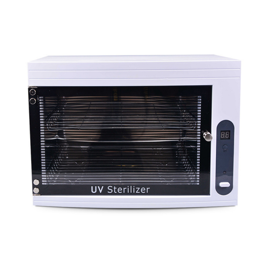 Q002 White UV Sterilizer Cabinet | A Metal UV sterilizer cabinet with glass door and metal shelves inside and digital controllable temperature display on white background