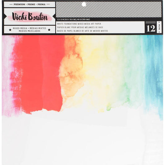 Vicki Boutin - Mixed Media Foundations Paper - 12"X12" - 12/Pkg - Smooth White -140lb. The paper pad is perfect for all your mixed media projects! Use with wet or dry mediums including watercolor, paint, gesso, art crayons, pen, pencil and more. This package contains one paper pad with 12 12x12 inch sheets. Acid free. Archival quality. Available at Embellish Away located in Bowmanville Ontario Canada.