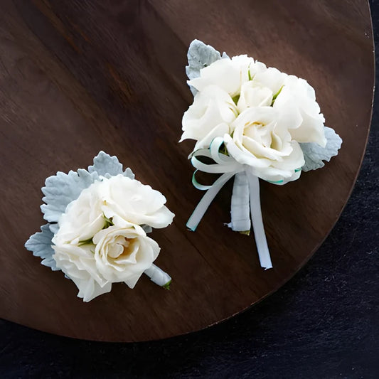 Vintage White Spray Rose Boutonniere and Corsage Pack