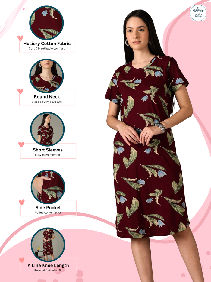 Plus size women’s short nighty in wine floral print with soft fabric