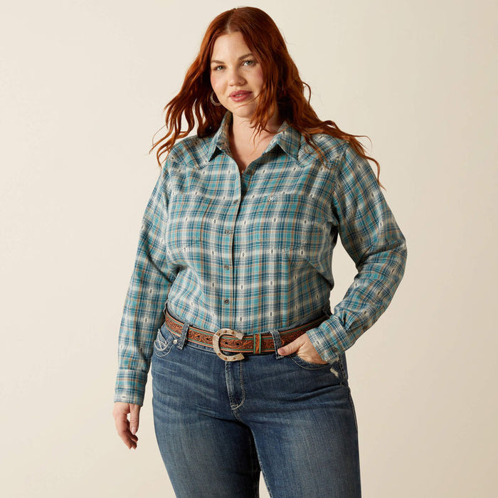 Women's Ariat Aquamarine Dobby plaid long sleeve button up shirt. Front view shirt tucked.