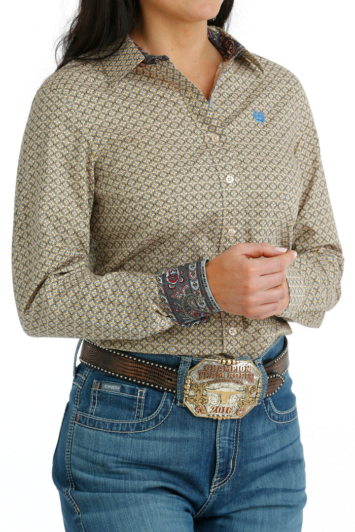 Women's Cinch MSW9165048 Printed Cream Long Sleeve Shirt CLOSEOUT