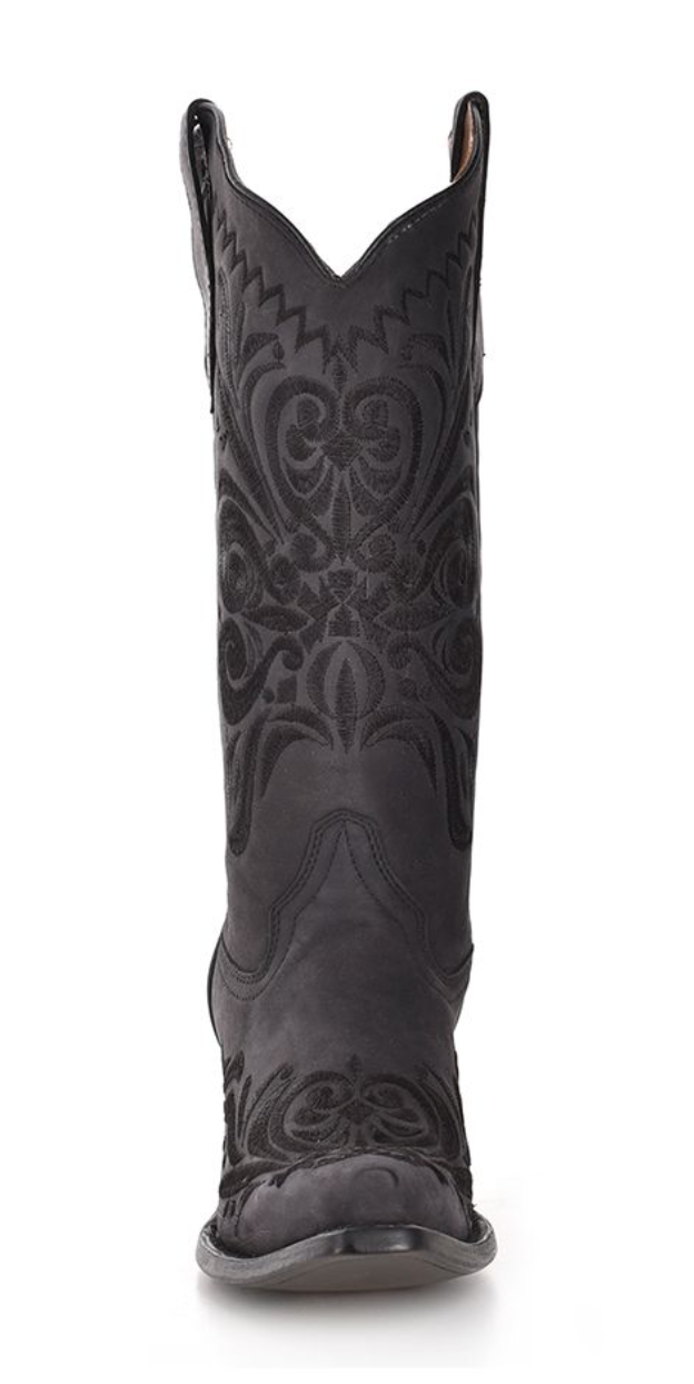 Front view of a black snip toe western boot with embroidery stitching details.
