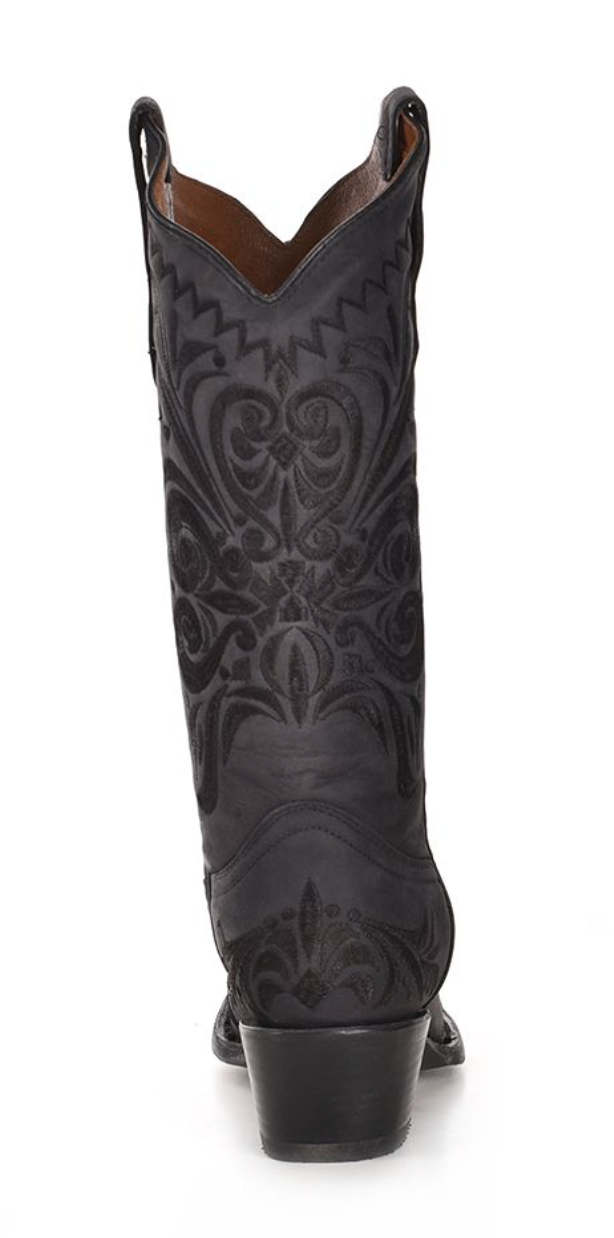 Back view of a black snip toe western boot with embroidery stitching details.