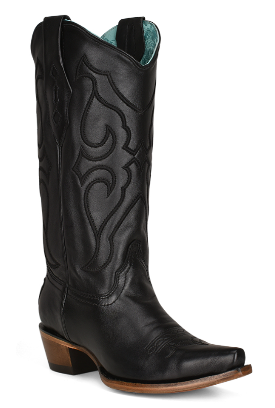 Women's Corrral black leather cowboy boot with a snip toe and cowboy heel.