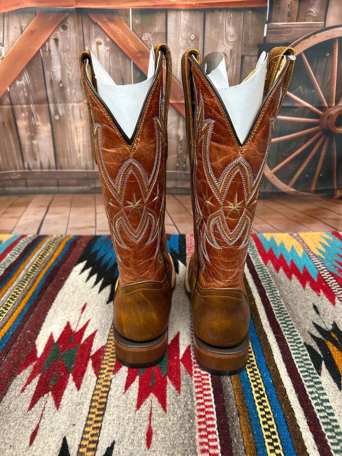 Brown leather square toe boots with a 12 inch shaft from Cowtown. Rear View