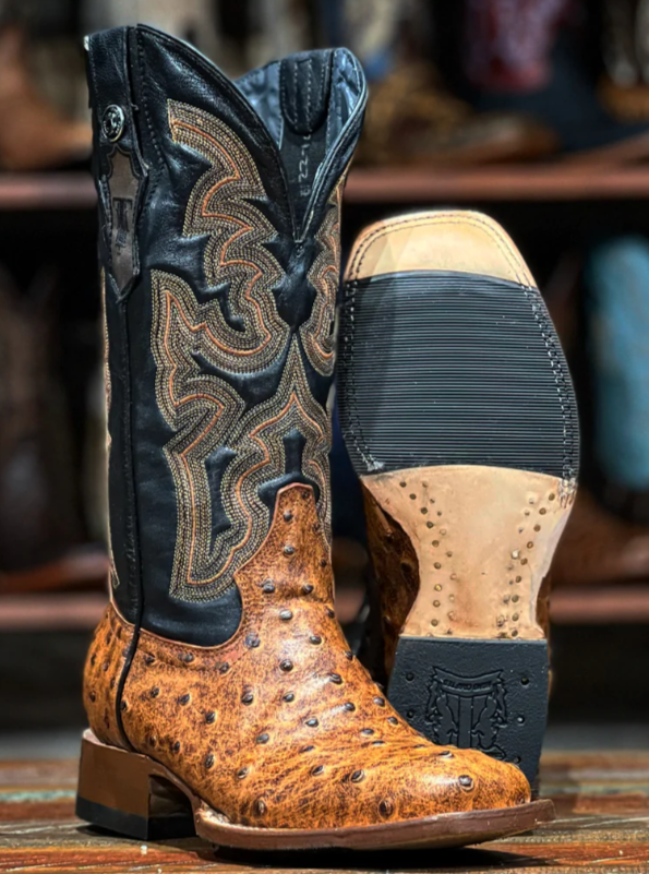 Women's Tanner Mark TML207102 Matte Cognac Ostrich Print w/Flex Fit Kabul Black Top Square Toe Boot