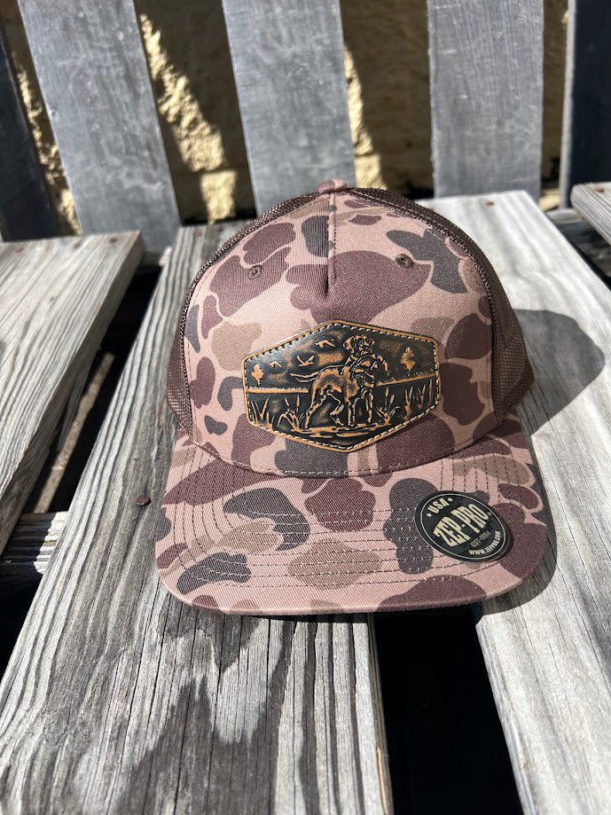 Zep Pro Old School Bark Duck Camo Leather Lab Patch Richardson 112 Cap. Front view