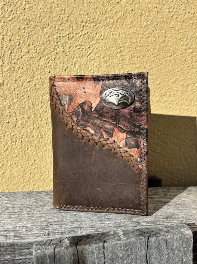 Zep-Pro University of Southern Mississippi 1/2 Mossy Oak Camo/Brown Tri-fold Wallet with silver toned USM concho on top right corner of  camo. Front view