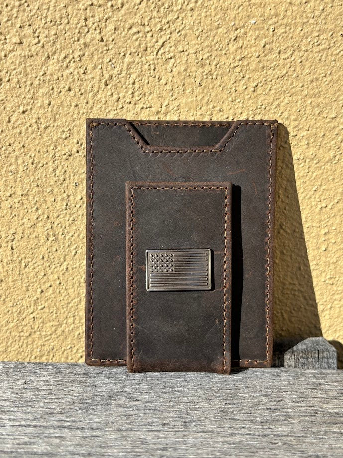 Zep Pro USA Flag Concho “Crazy Horse” Leather Front Pocket Wallet.
Front view shows brass American flag concho on cash magnetic closure.